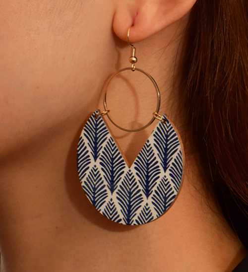 Blue Leaf Geometric Wooden Shaped Earrings | Boho Chic Earrings