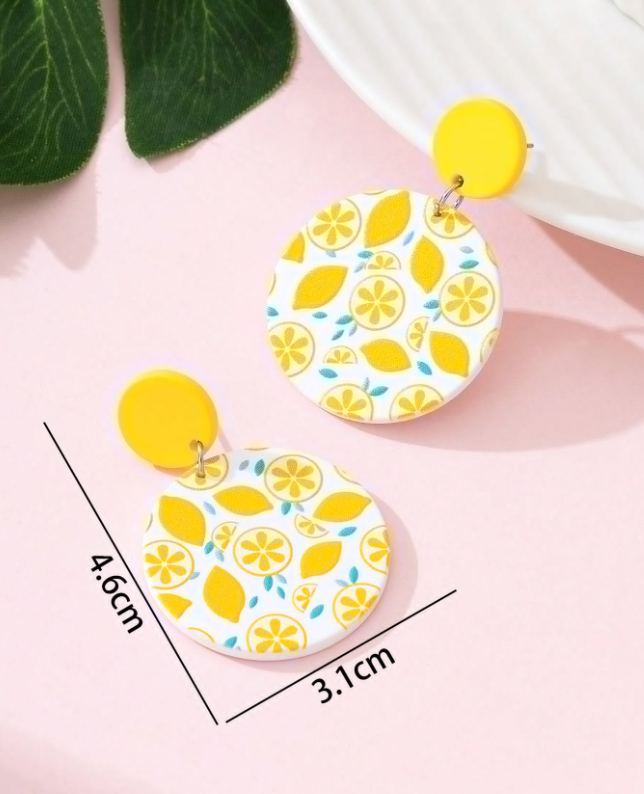 Summer Lemon Print Enamel Faux Soft Pottery Design Fashion Jewelry Earrings