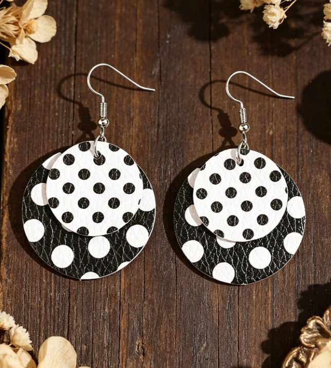 Black & White Polka Dot Double-Layer Leather Earrings | Retro Earrings