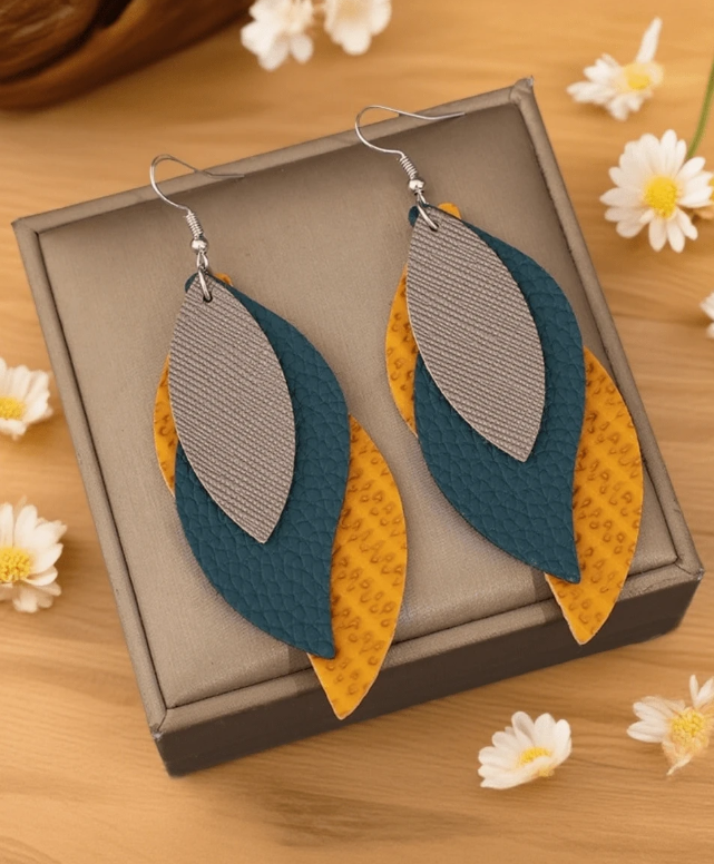 Leaf Multi-Layer S-Shaped Leather Earrings, Retro Women Three-Layer Leather earrings