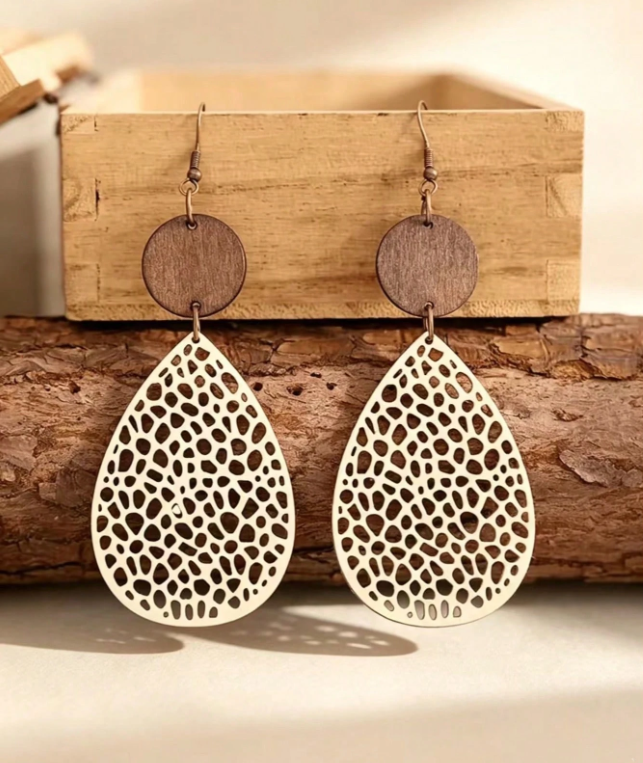 Teardrop Hollow Wooden Boho Earrings