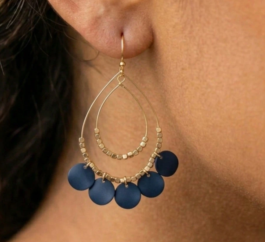 Navy Double Layer Tassel Geometric Teardrop Earrings | Square Bead Dangle Earrings