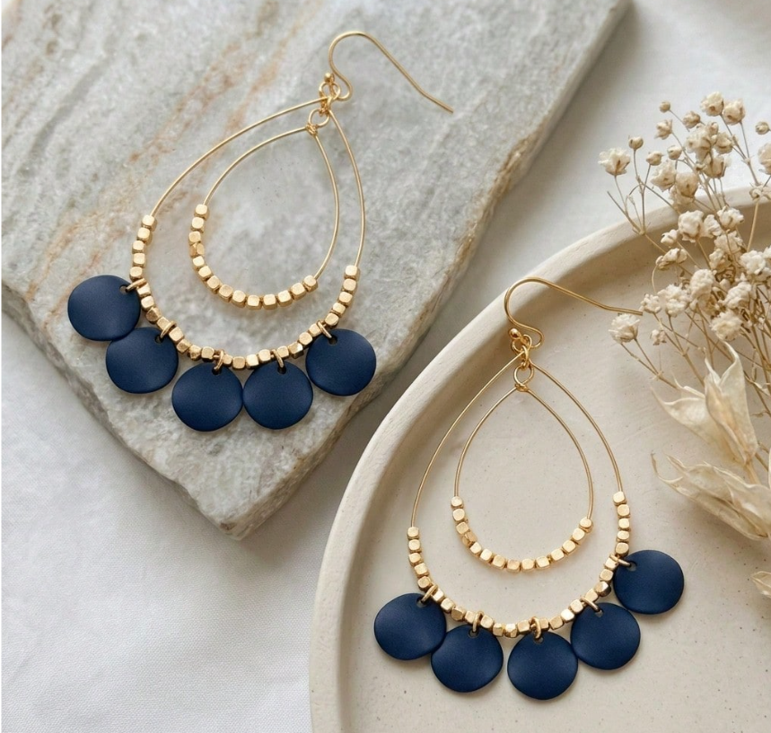 Navy Double Layer Tassel Geometric Teardrop Earrings | Square Bead Dangle Earrings