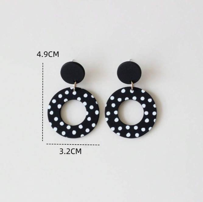 Classic Black Hollow Circle Retro Polka Dot Acrylic Women's Dangle Earrings, Ceramic Texture Cute & Elegant