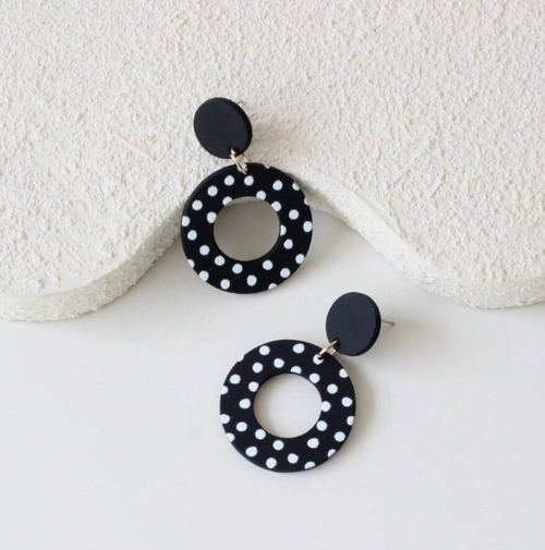 Classic Black Hollow Circle Retro Polka Dot Acrylic Women's Dangle Earrings, Ceramic Texture Cute & Elegant