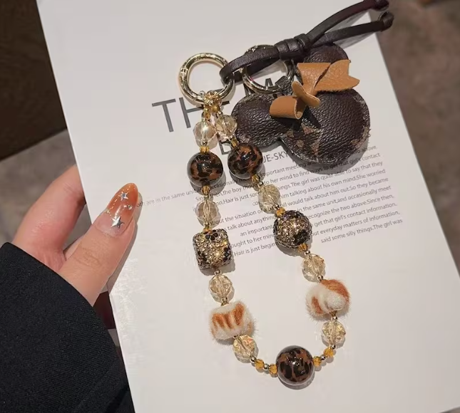 Brown Beaded Phone Charm Wrist Strap | Neutral Cell Phone Charm | Crystal & Faux Fur Phone Lanyard | Cute Bag Charm | Gift for Her