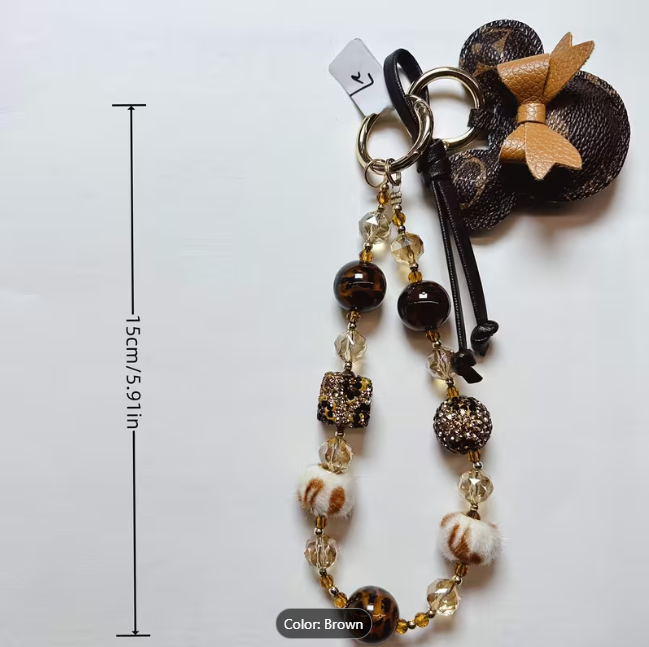 Brown Beaded Phone Charm Wrist Strap | Neutral Cell Phone Charm | Crystal & Faux Fur Phone Lanyard | Cute Bag Charm | Gift for Her