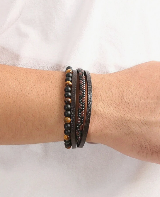 Stacked Beaded Leather Magnetic Clasp Bracelet