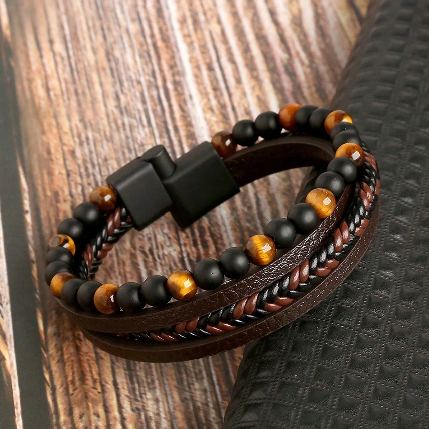 Stacked Beaded Leather Magnetic Clasp Bracelet