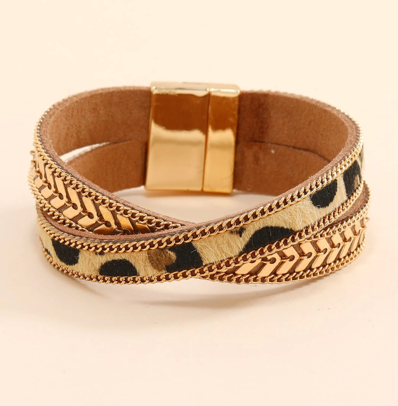 Leopard Print Gold Crisscross Bohemian Style Bracelet, Leather and Gold Chain Magnetic Bracelet