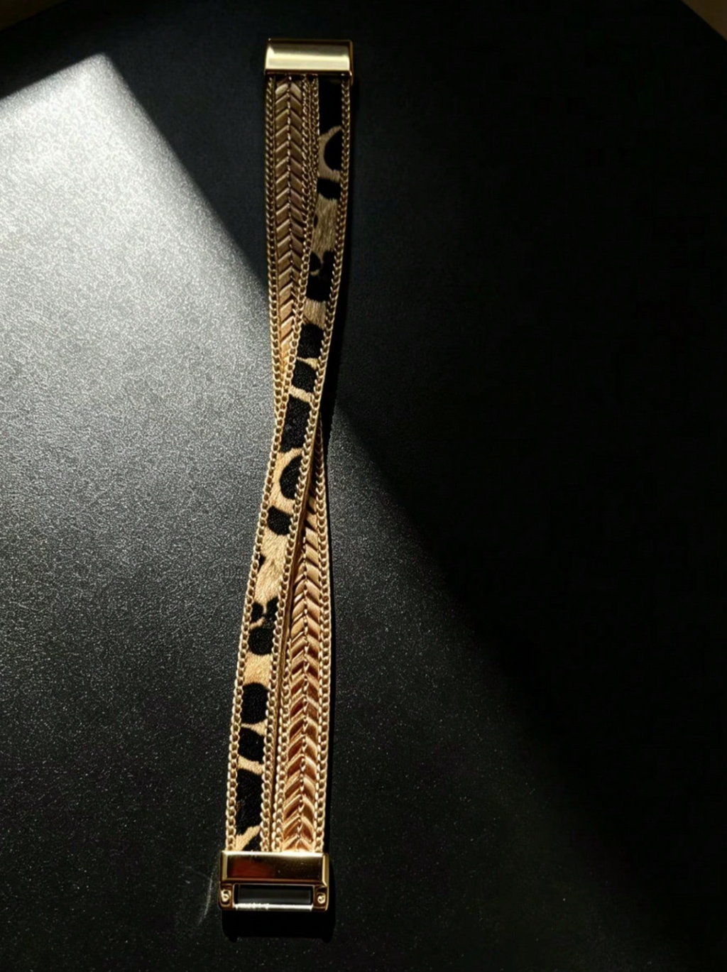 Leopard Print Gold Crisscross Bohemian Style Bracelet, Leather and Gold Chain Magnetic Bracelet