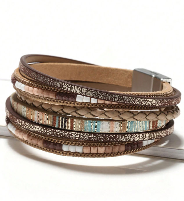 Turquoise and Brown Leather and Faceted Stone Bead Magnetic Clasp Bracelet