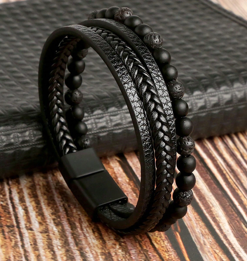 Stacked Beaded Leather Magnetic Clasp Bracelet