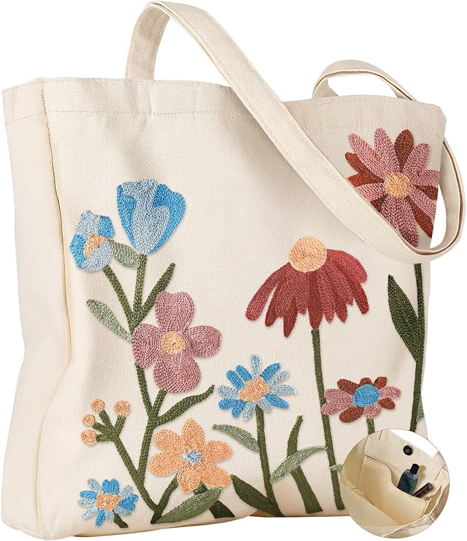 Floral Cluster Embroidered Canvas Tote Bag (spring, mothers day, gifts)