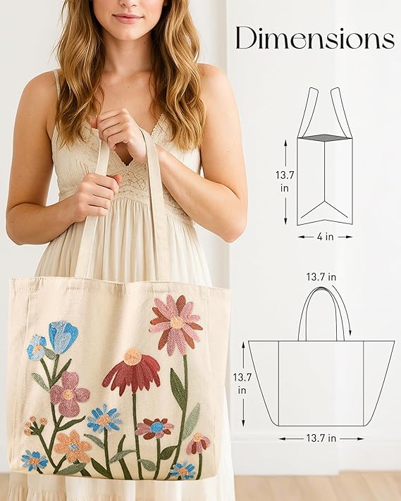 Floral Cluster Embroidered Canvas Tote Bag (spring, mothers day, gifts)