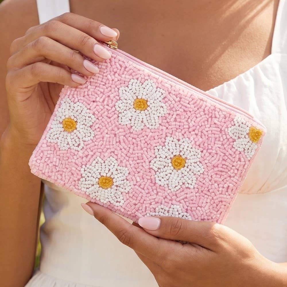 Handmade Daisy Flowers Pink Seed Beaded Coin Purse