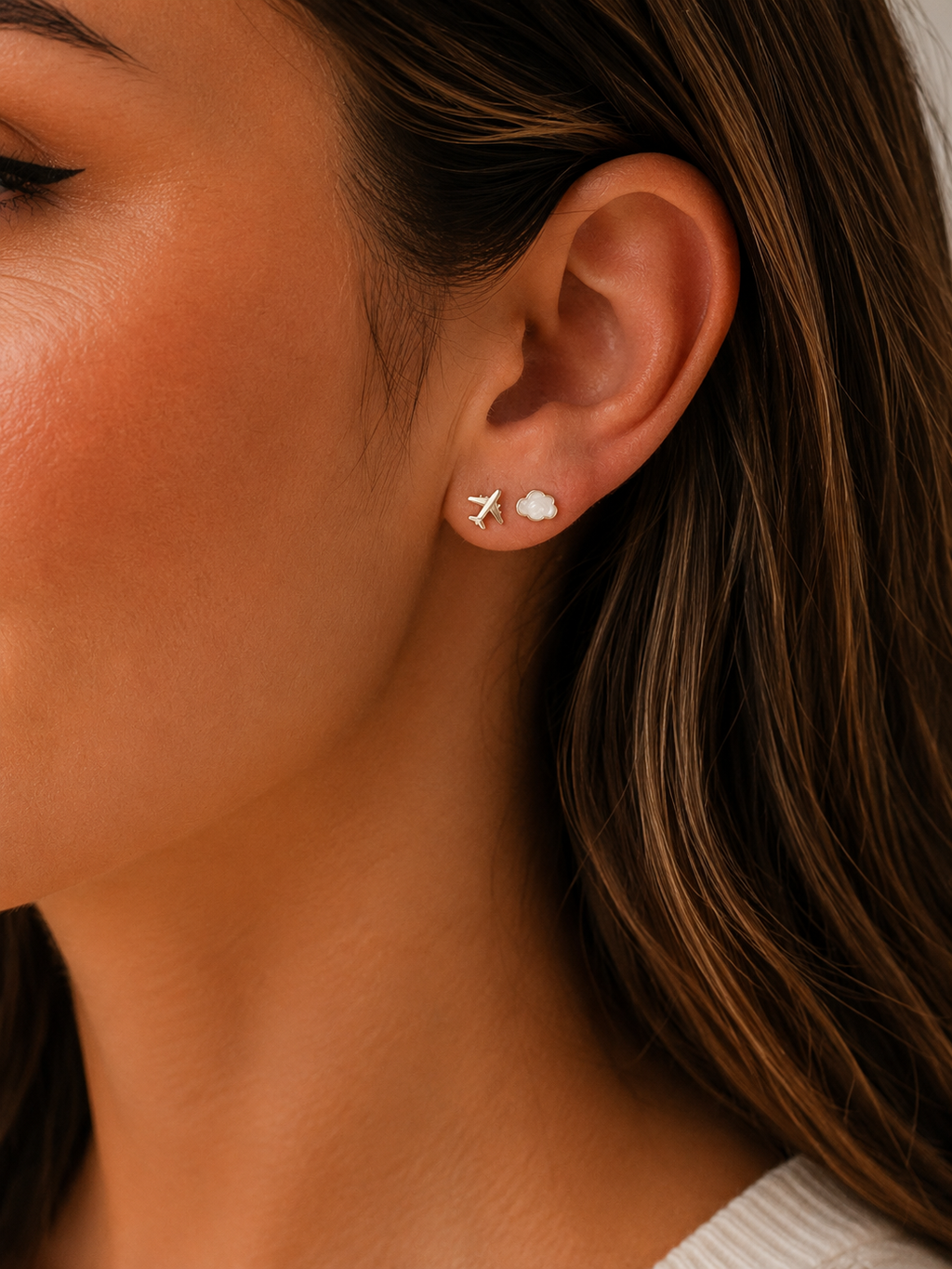 Airplane and Cloud Stud Earrings | Mini Travel Enthusiasts Earrings | Dainty Asymmetrical Earrings