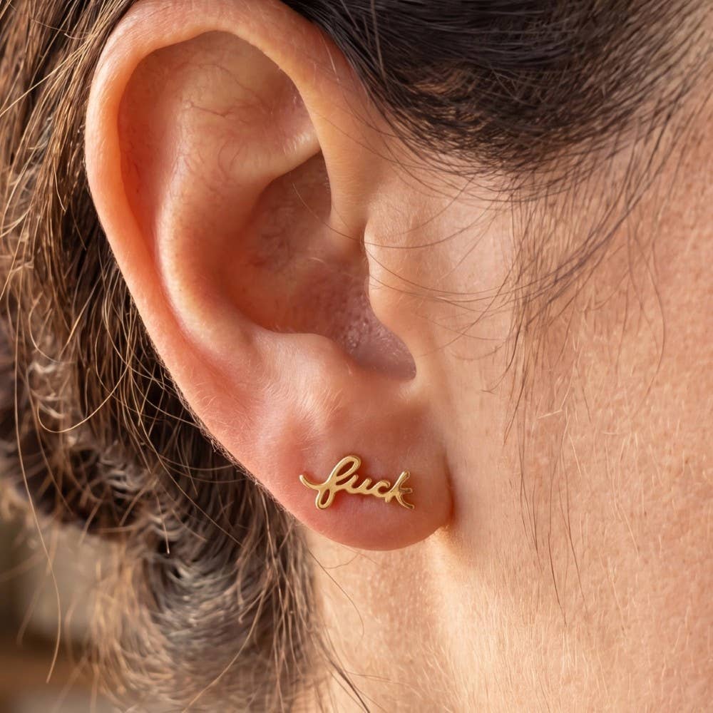 Gold Dipped Handwritten Fuck Print Earrings: Silver