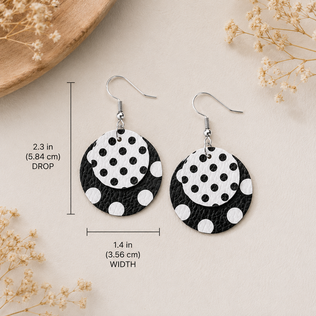 Black & White Polka Dot Double-Layer Leather Earrings | Retro Earrings