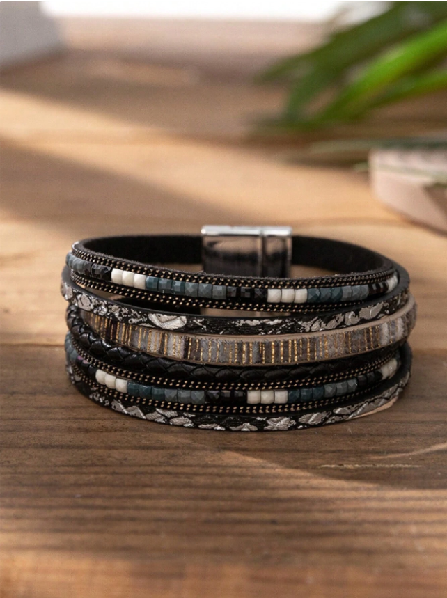 Black/Blue Leather & Faceted Stone Bead Magnetic Clasp Bracelet