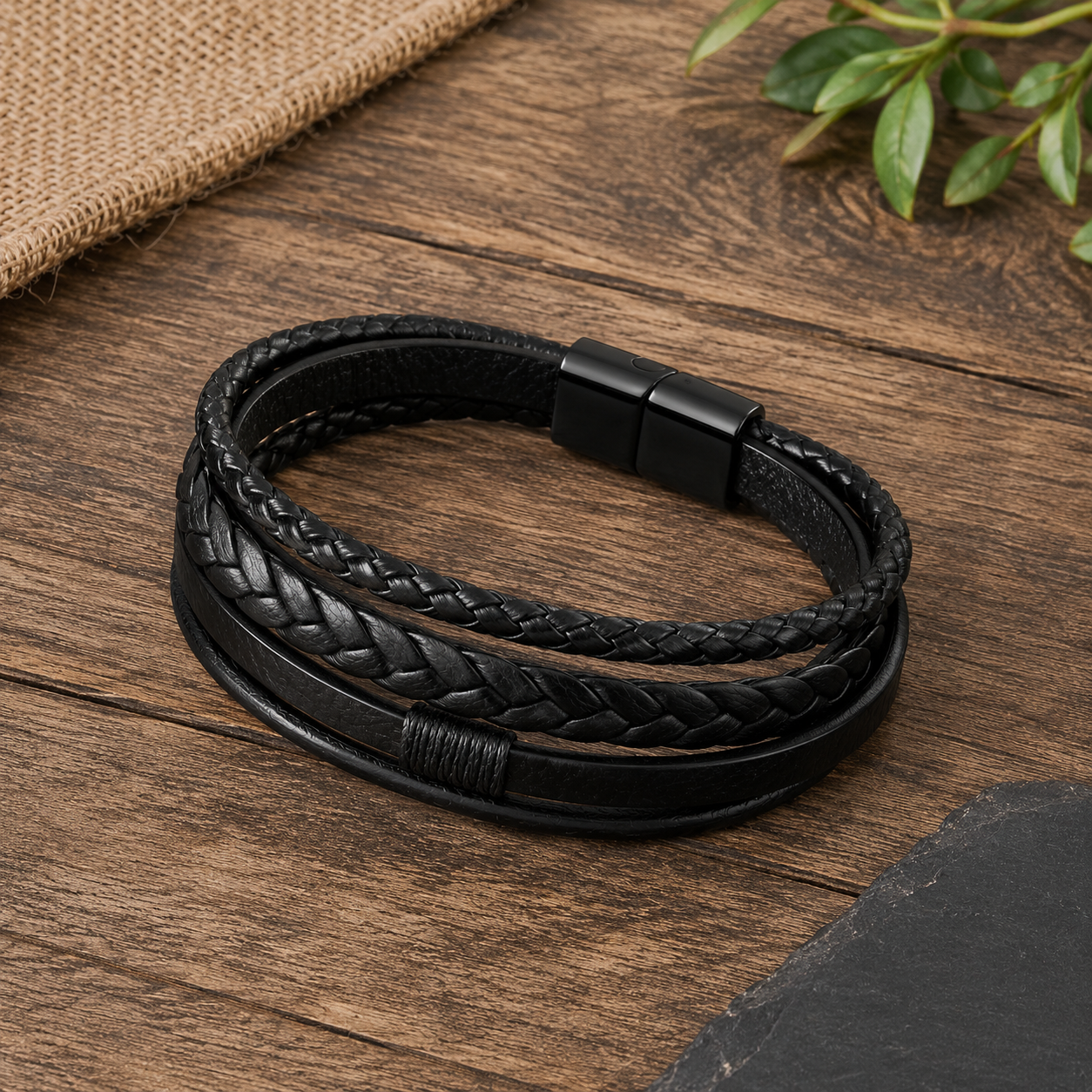 stacked Leather Magnetic Clasp Bracelet
