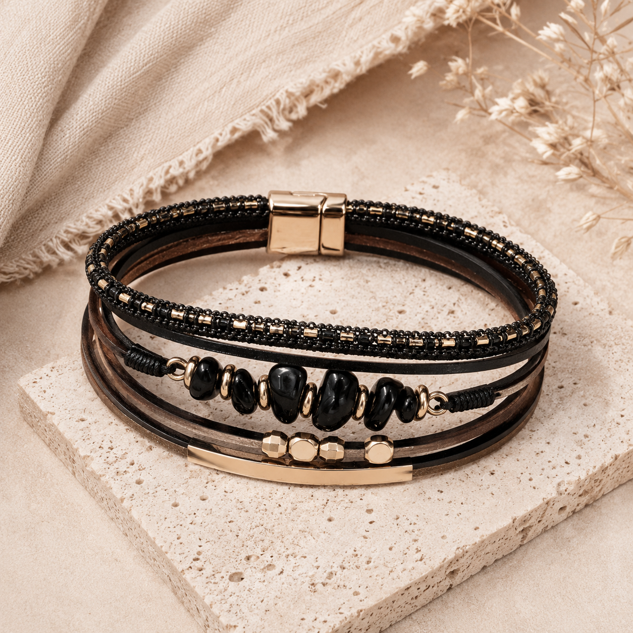 Black Obsidian Boho Style Bracelet