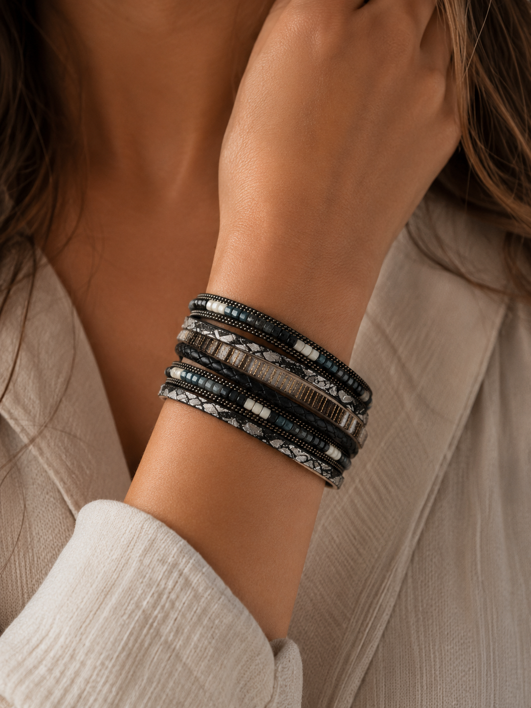 Black/Blue Leather & Faceted Stone Bead Magnetic Clasp Bracelet