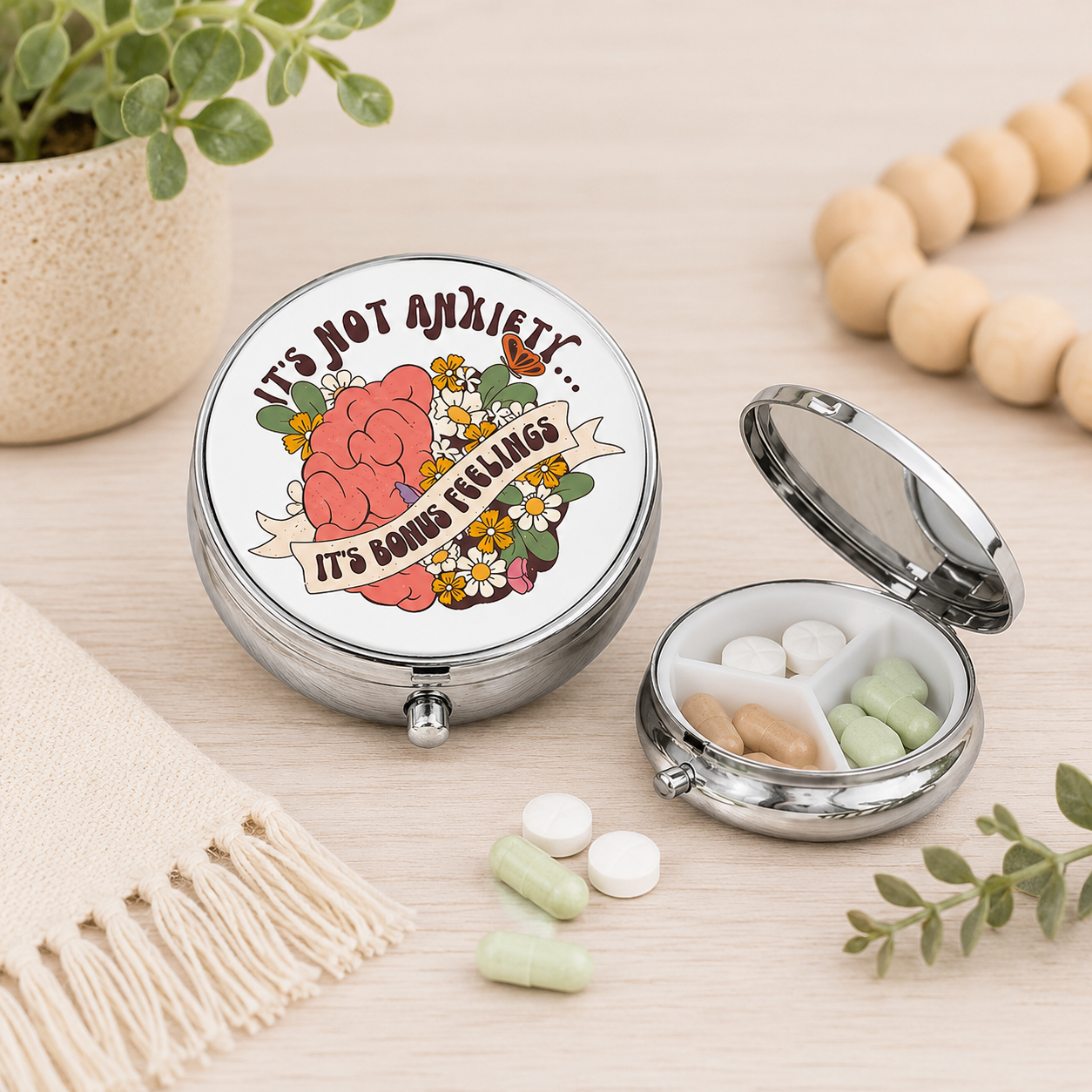 Funny Anxiety Pill Case – "It's Not Anxiety, It's Bonus Feelings" Pill Organizer – Cute Mental Health Gift – Floral Vitamin Holder for Women