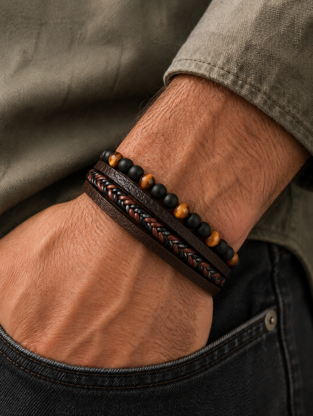 Stacked Beaded Leather Magnetic Clasp Bracelet