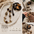 Brown Beaded Phone Charm Wrist Strap | Neutral Cell Phone Charm | Crystal & Faux Fur Phone Lanyard | Cute Bag Charm | Gift for Her
