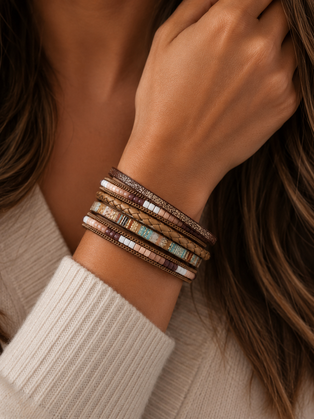 Turquoise and Brown Leather and Faceted Stone Bead Magnetic Clasp Bracelet