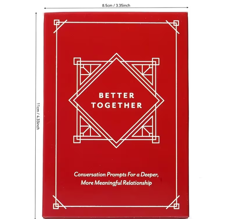 A red rectangular card or booklet cover with white geometric line art and the text 'BETTER TOGETHER' and 'Conversation Prompts For a Deeper, More Meaningful Relationship.' Measurement lines around the item indicate dimensions of 8.