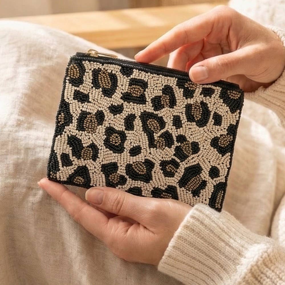 Beaded Leopard Print Coin Purse: MULTI