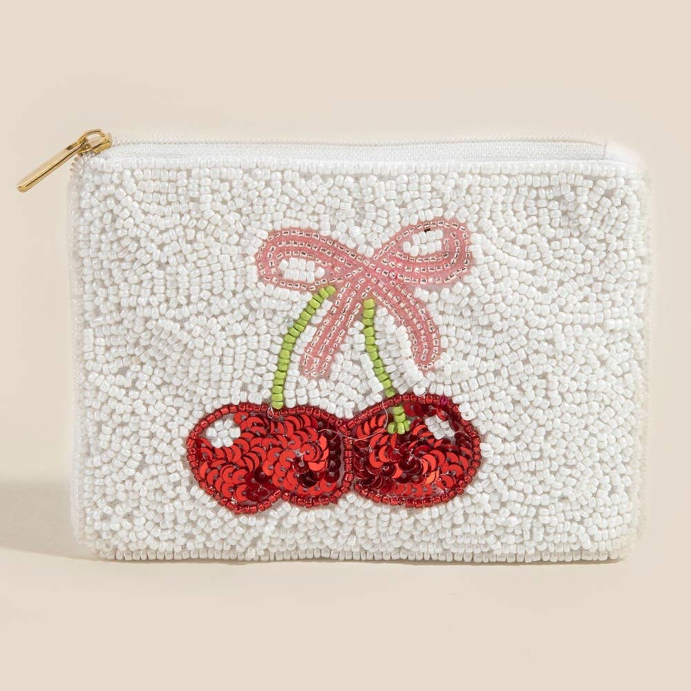 Handmade Cherry And Ribbon Bow Seed Beaded Coin Purse