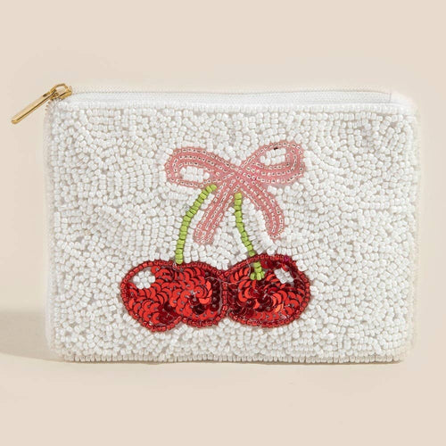 Cherry And Ribbon Bow Seed Beaded Coin Purse: MULTI