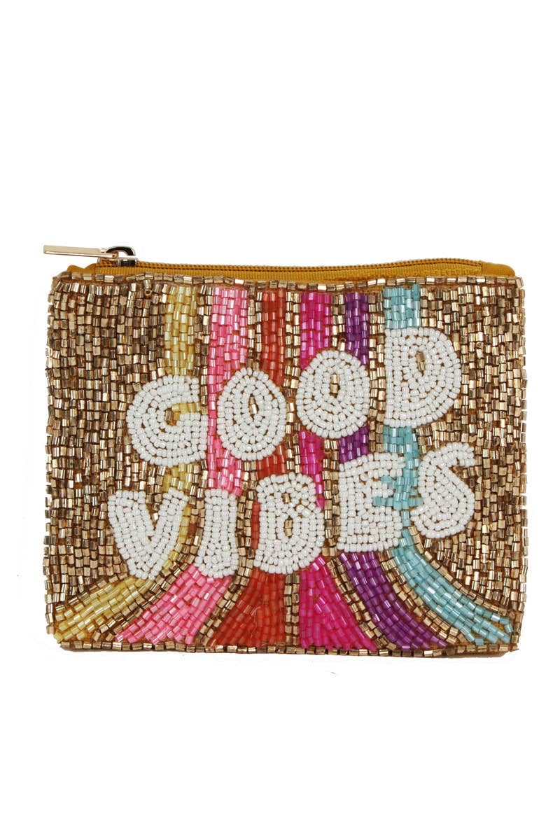 Handmade Seed Beaded Good Vibes Coin Purse in Gold
