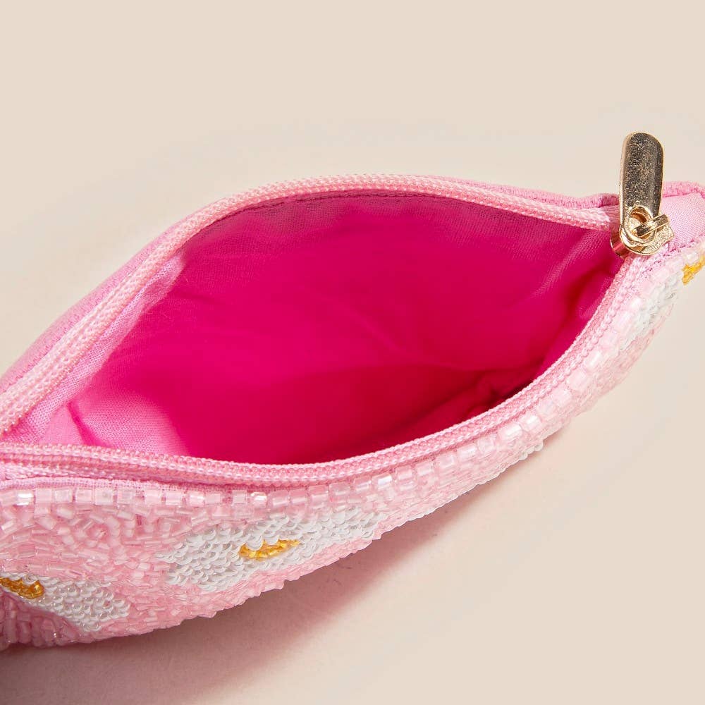 Handmade Daisy Flowers Pink Seed Beaded Coin Purse