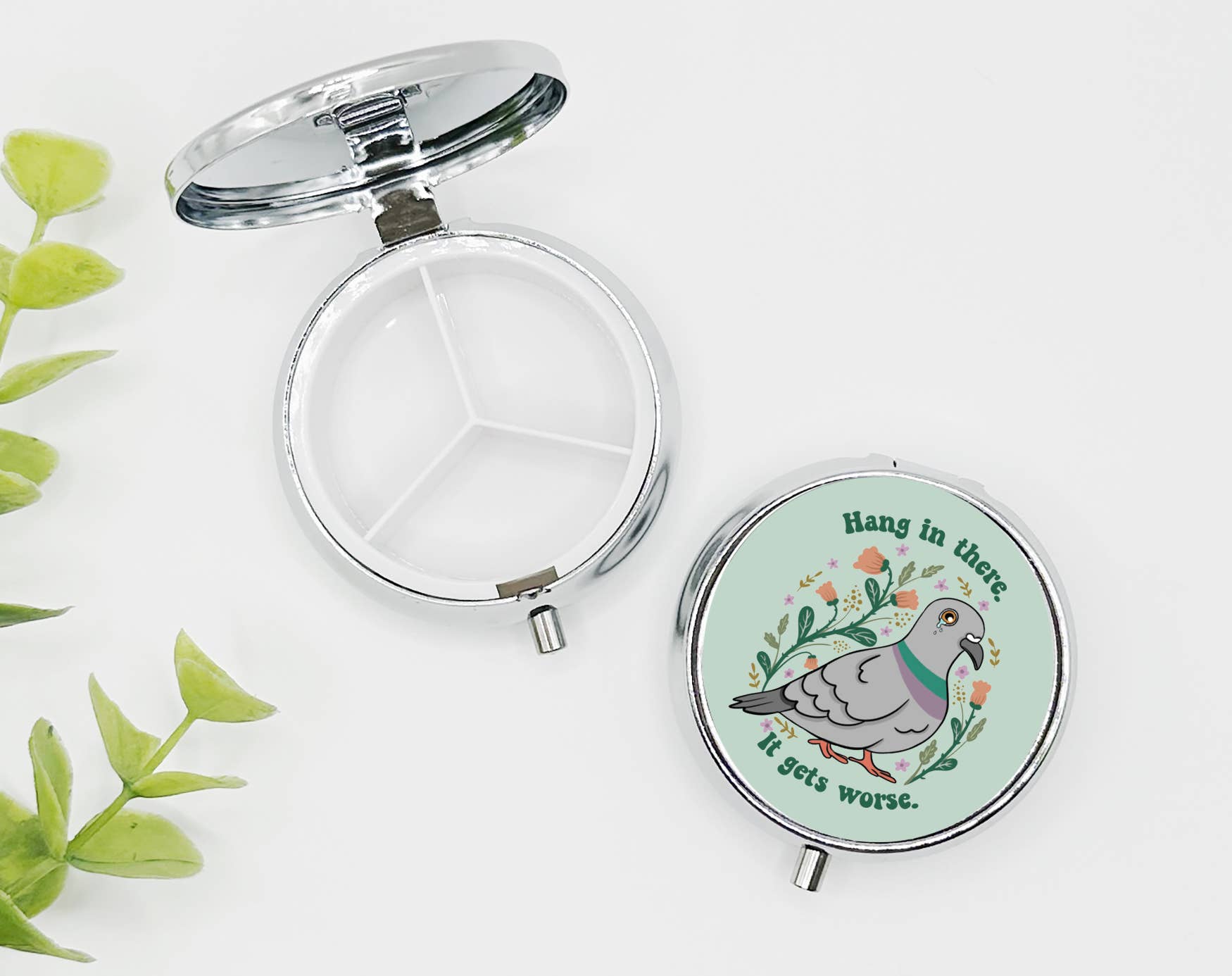 Funny Pigeon Pill Organizer | Hang In There It Gets Worse Pill Box | Travel Vitamin Case | Funny Medication Holder | Gag Gift for Her