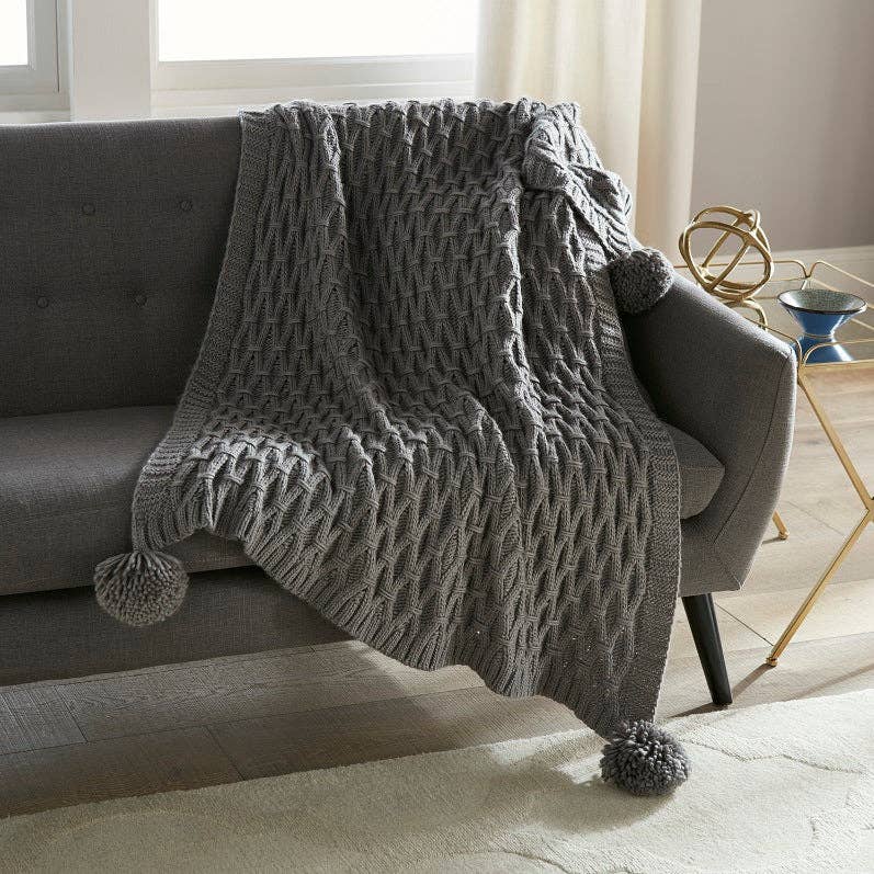 Pom Pom Sweater Knit Throw 50" x 60": IVORY