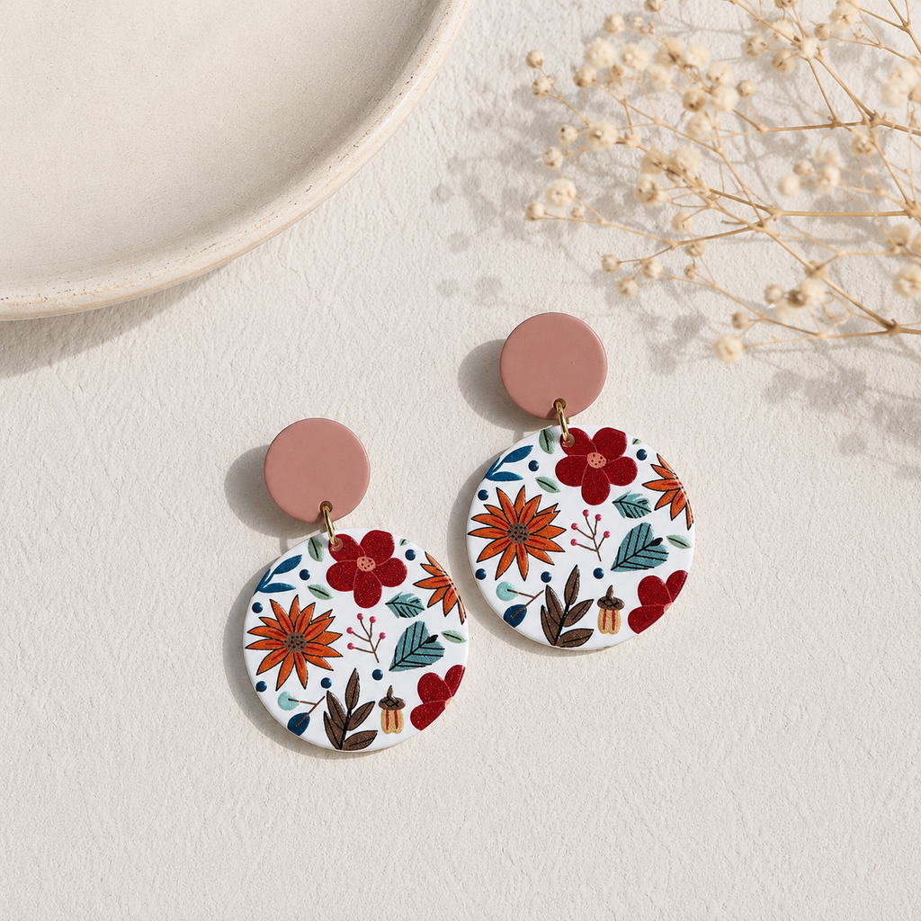 Flower Printed Clay Texture Elegant Acrylic Round Earrings