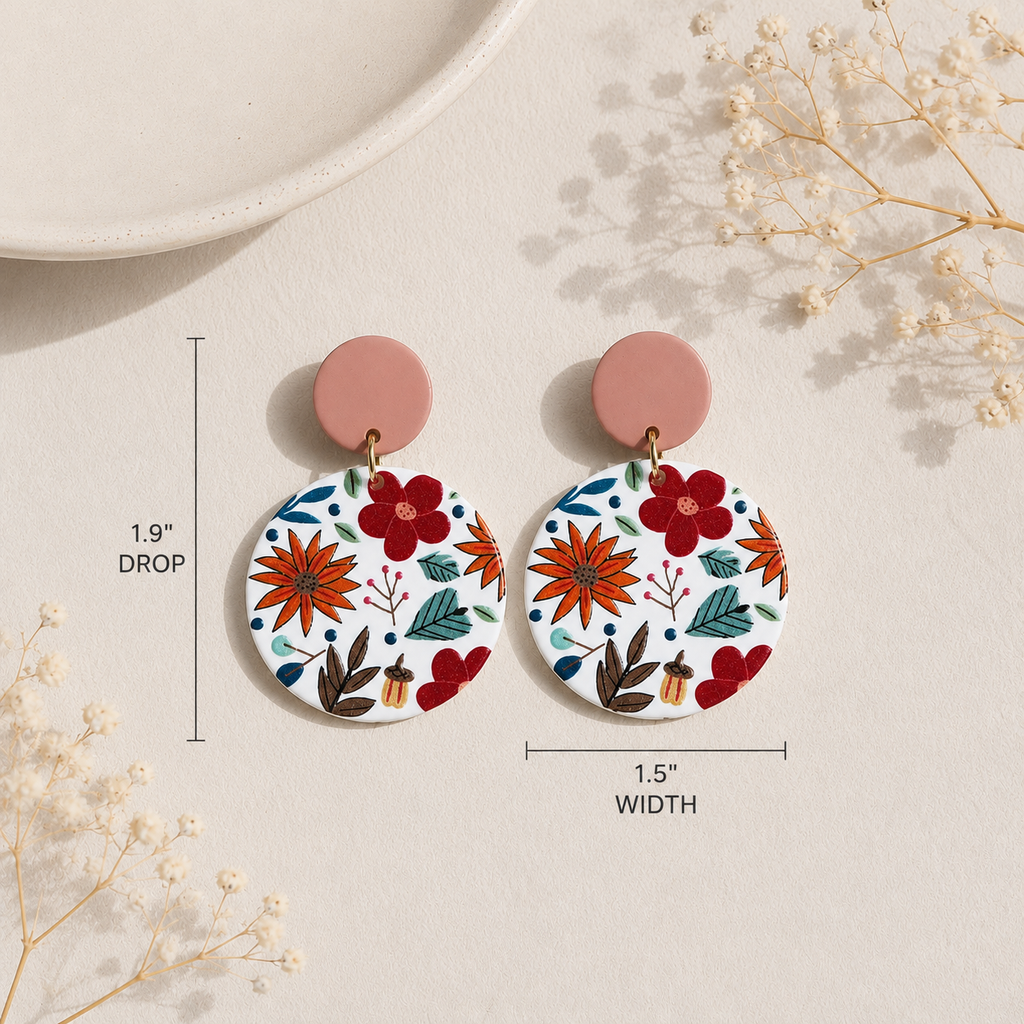 Flower Printed Clay Texture Elegant Acrylic Round Earrings