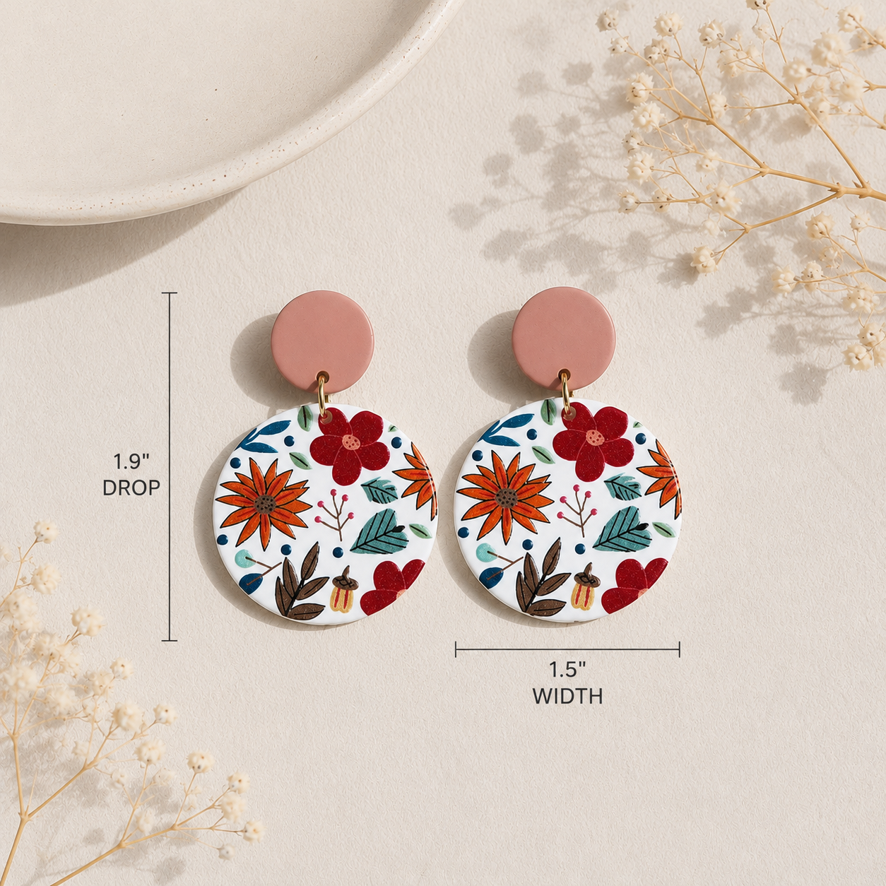 Flower Printed Clay Texture Elegant Acrylic Round Earrings