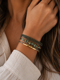 Green Aventurine Bohemian Style Bracelet, PU Leather Double Ring Steel Bead & Genuine Stone Stack Design - Green Aventurine