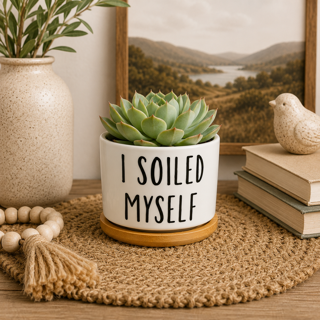 I Soiled Myself Succulent Pot | Witty 3 Inch Ceramic Planter with Bamboo Saucer | Plant Lover Gift | Cactus Pot | Office Desk Decor