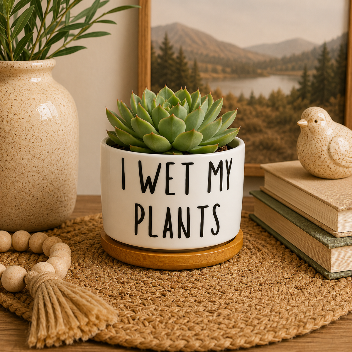 I Wet My Plants | Witty 3 Inch Ceramic Planter with Bamboo Saucer | Cactus Planter | Gift for Plant Lover