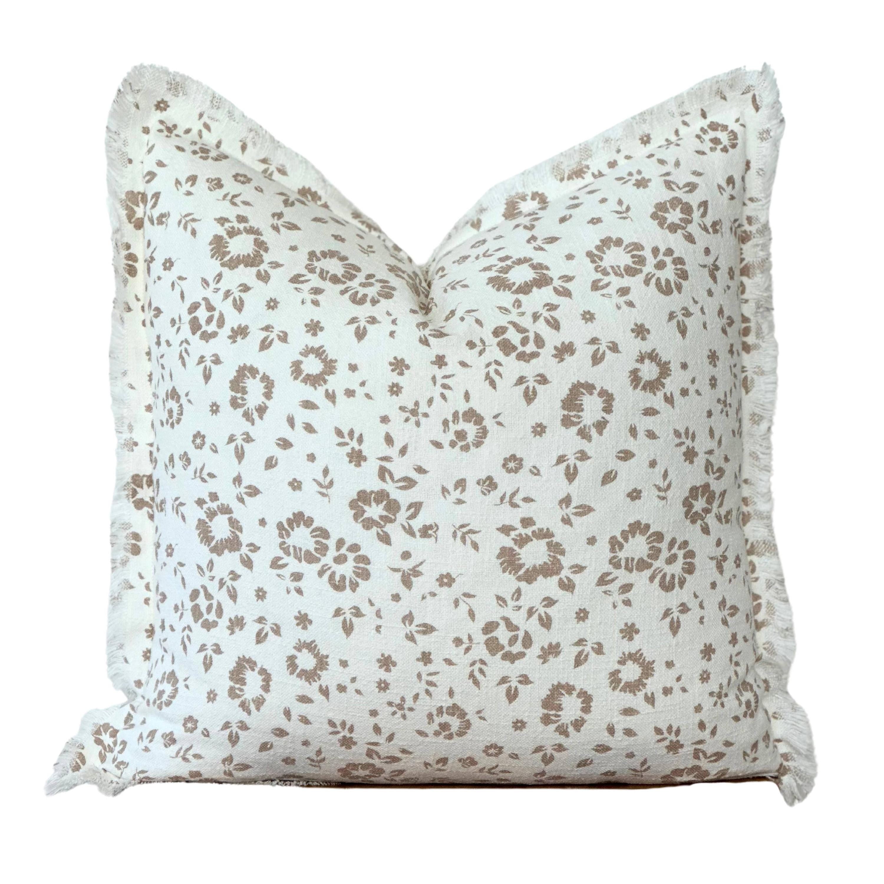 Floral Fringe Throw Pillow | Fleur + Fray Collection: White with Brown Floral PILLOW COVER ONLY
