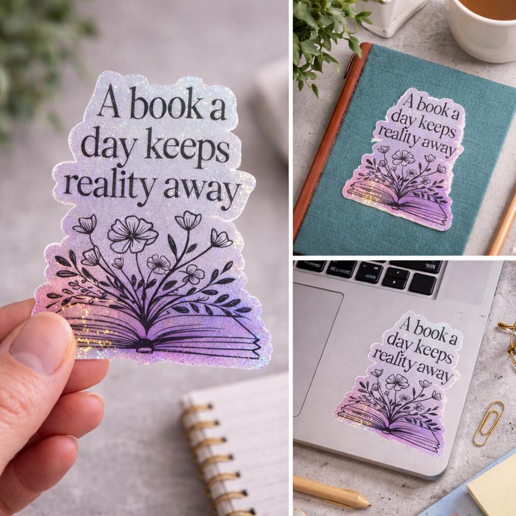 Holographic Vinyl Sticker | Book Lover Quote, Floral Open Book Design