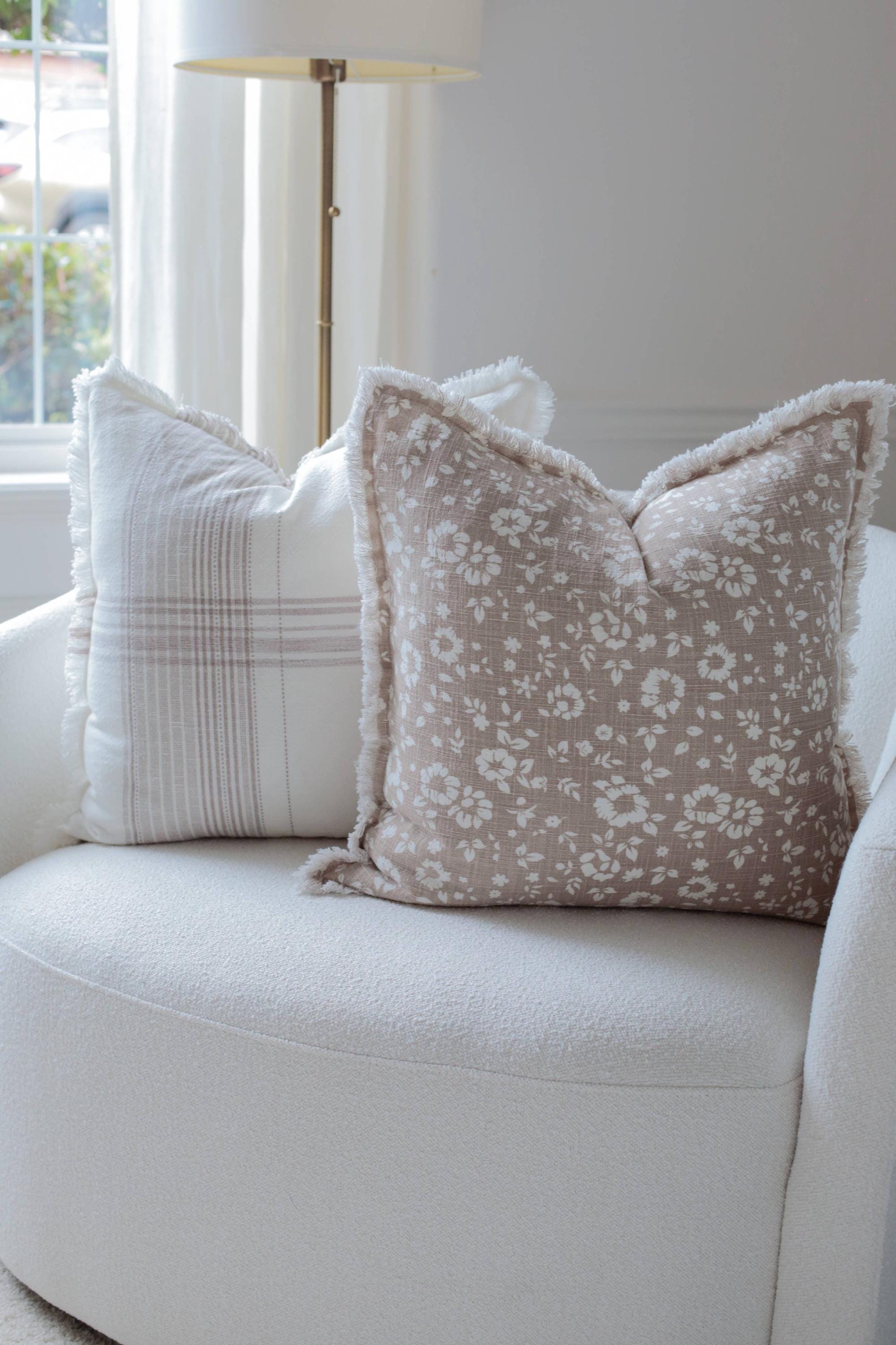 Floral Fringe Throw Pillow | Fleur + Fray Collection: White with Brown Floral PILLOW COVER ONLY