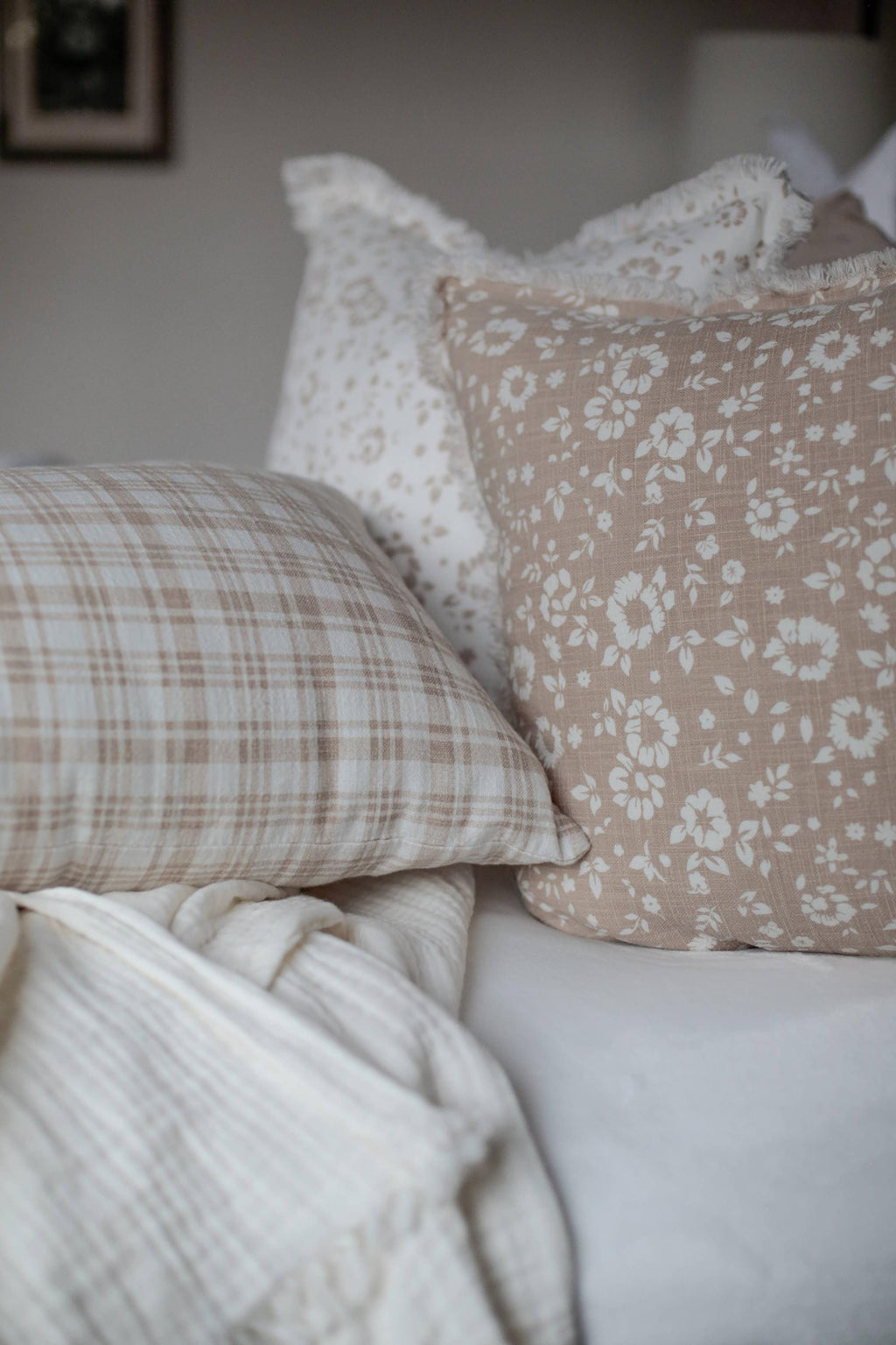 Floral Fringe Throw Pillow | Fleur + Fray Collection: White with Brown Floral PILLOW COVER ONLY
