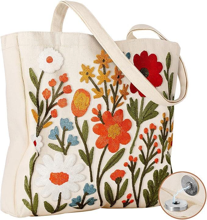 Floral Cluster Embroidered Canvas Tote Bag (spring, mothers day, gifts)